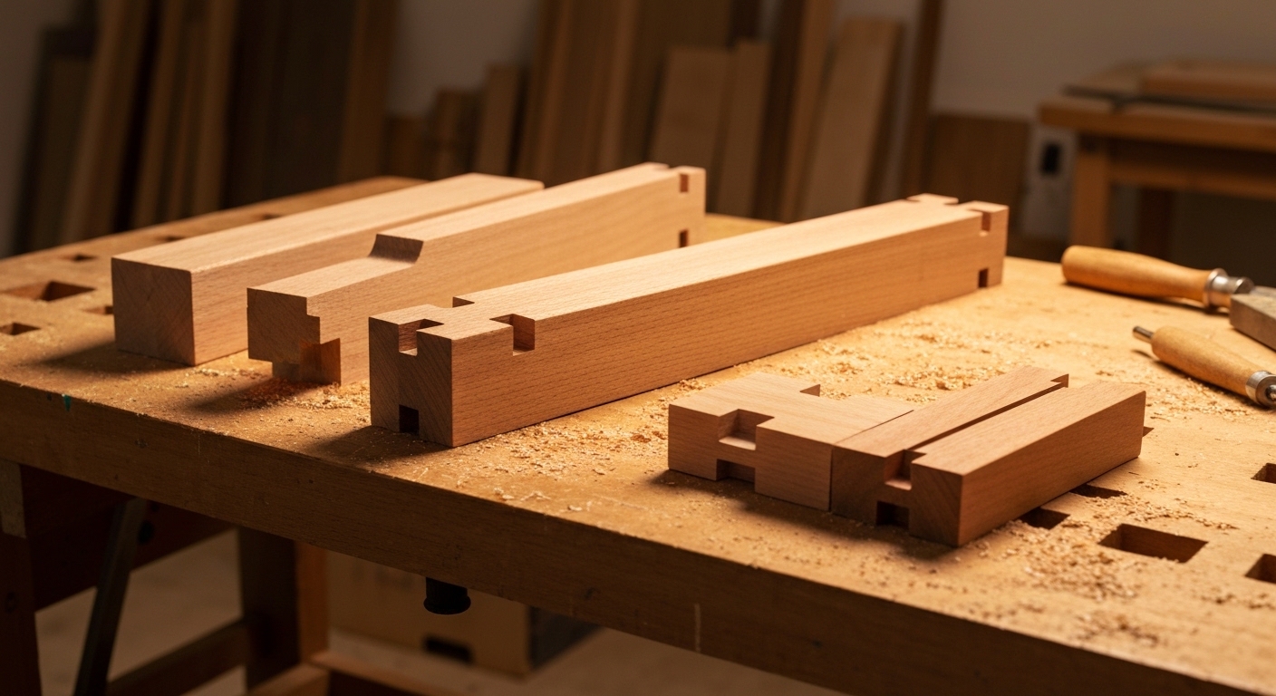 Een reeks verschillende houtverbindingen gesneden uit lichtgekleurd hout, die Butt, Dado, Rabbet en Dovetail joints demonstreren.