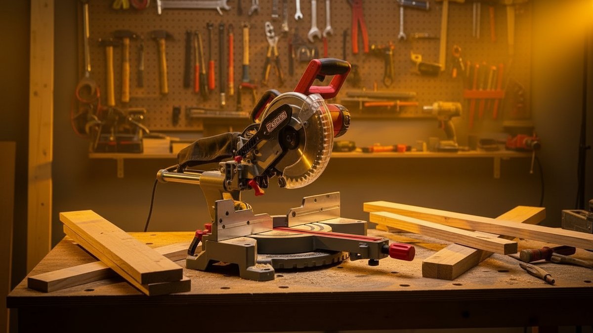 Six miter saws arranged on a workbench from compact 10-inch models to large 12-inch sliding saws