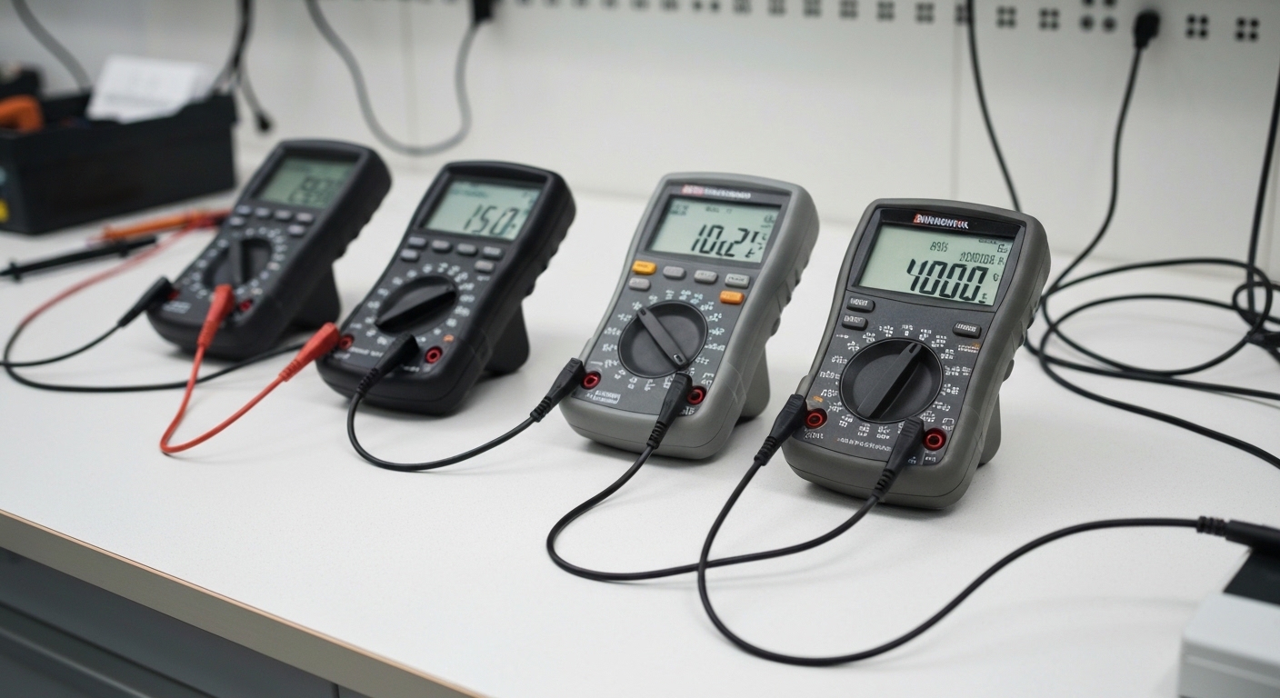 Five multimeters arranged on a workbench from budget to professional models with test leads
