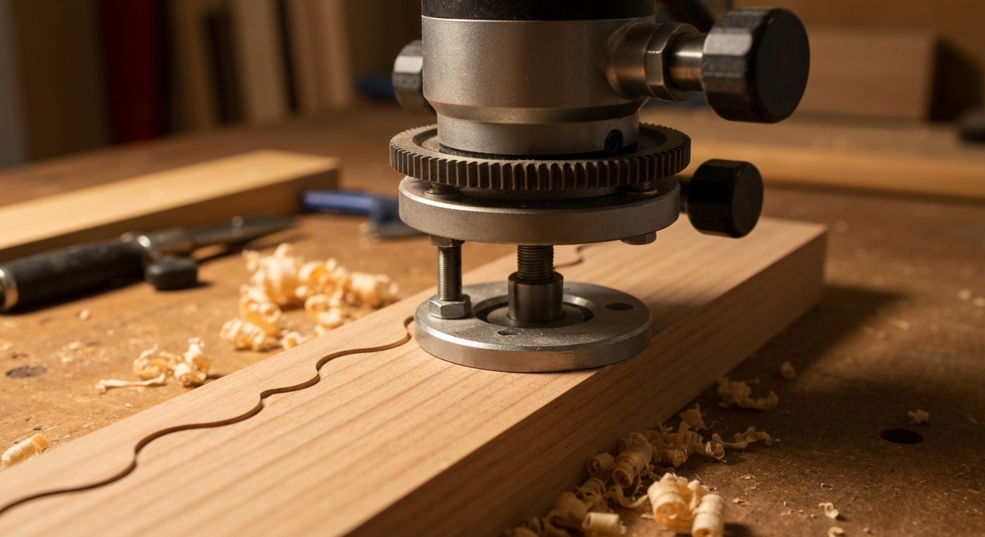 Фрезер создает декоративный профиль кромки на куске твердой древесины