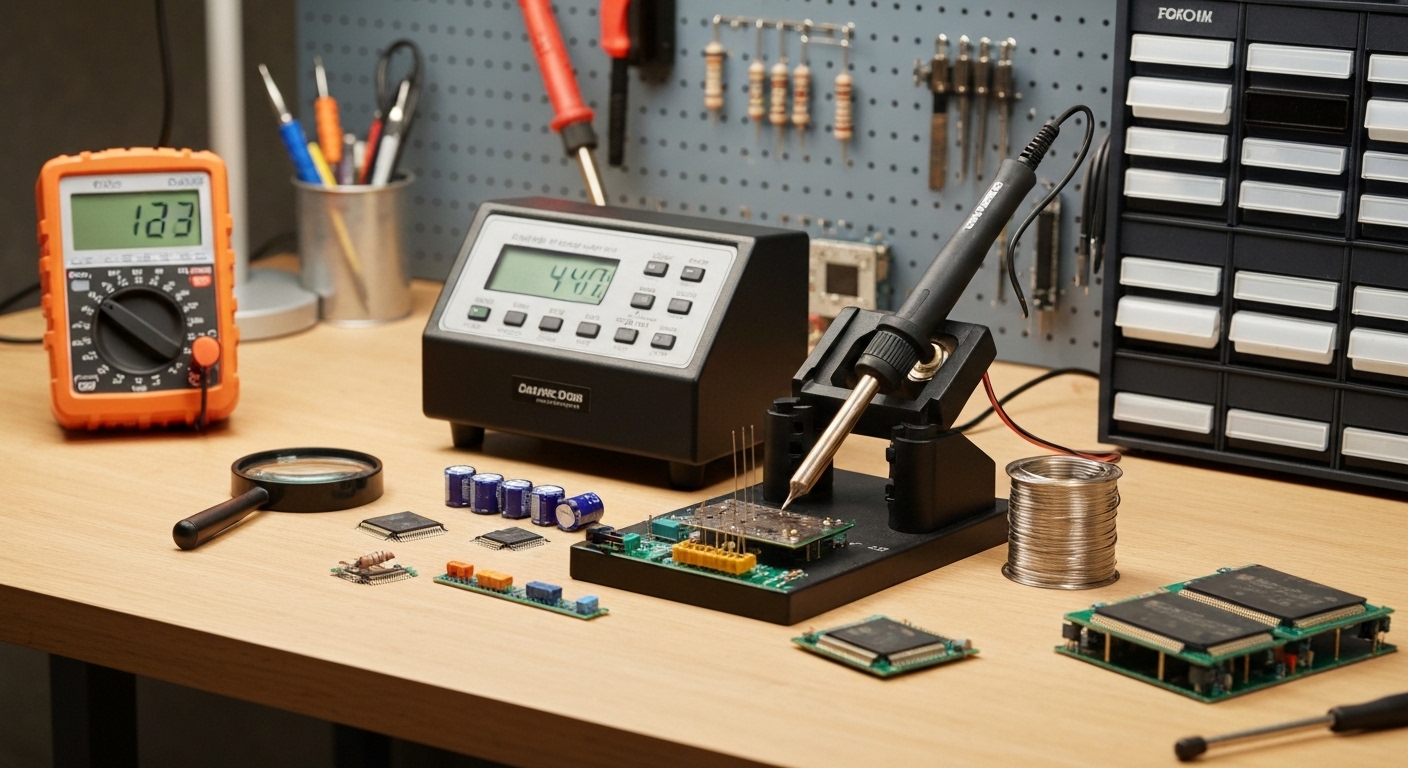Digital soldering station with iron in holder and roll of solder on a workbench
