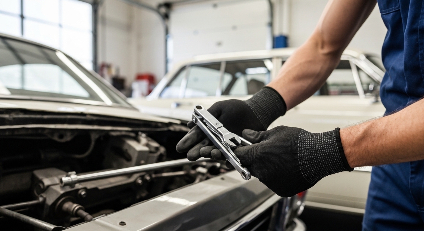Five stud finders arranged on a drywall surface next to a tape measure and pencil