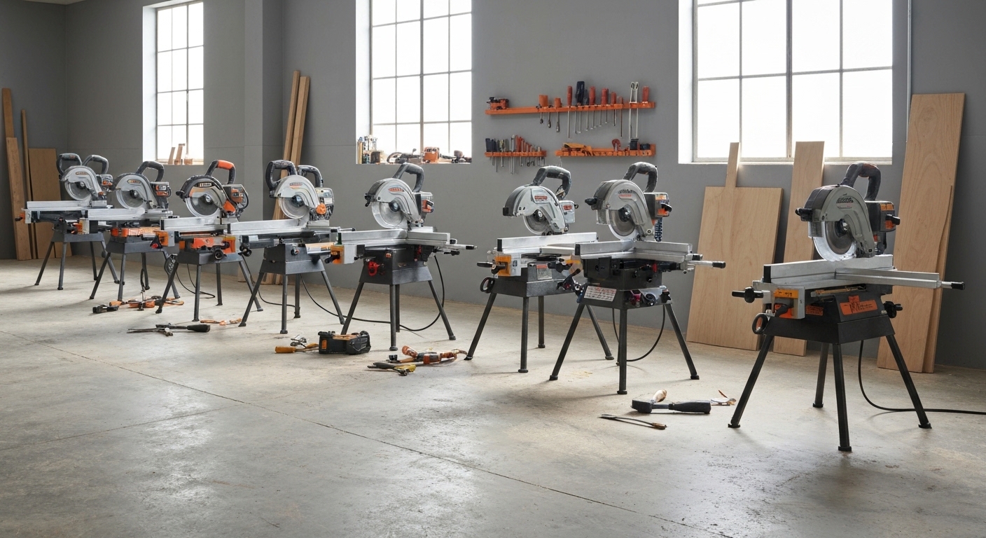 A row of table saws lined up in a woodshop from compact jobsite models to a large cabinet saw