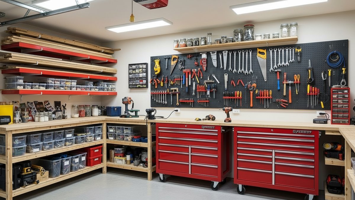 A well-organized workshop wall with modular tool boxes, a rolling cabinet, and wall-mounted organizers