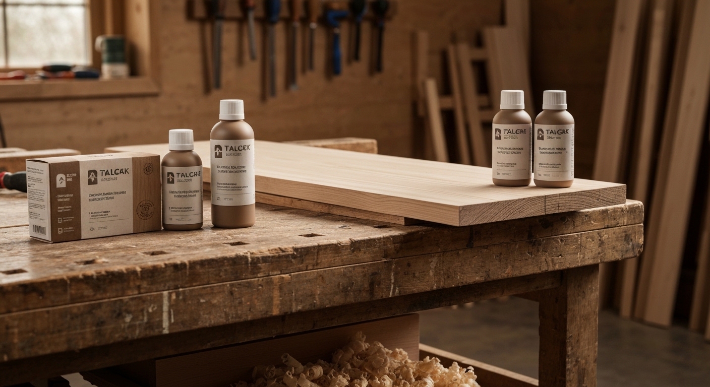 Several cans of wood finish products arranged on a workbench next to a partially finished wooden board