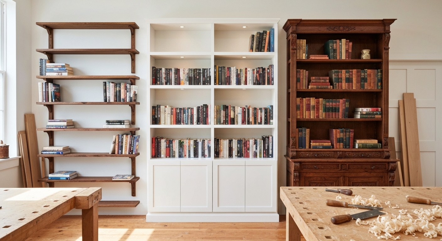 Three different bookshelves arranged side by side, from a simple bracket shelf to an elaborate built-in unit