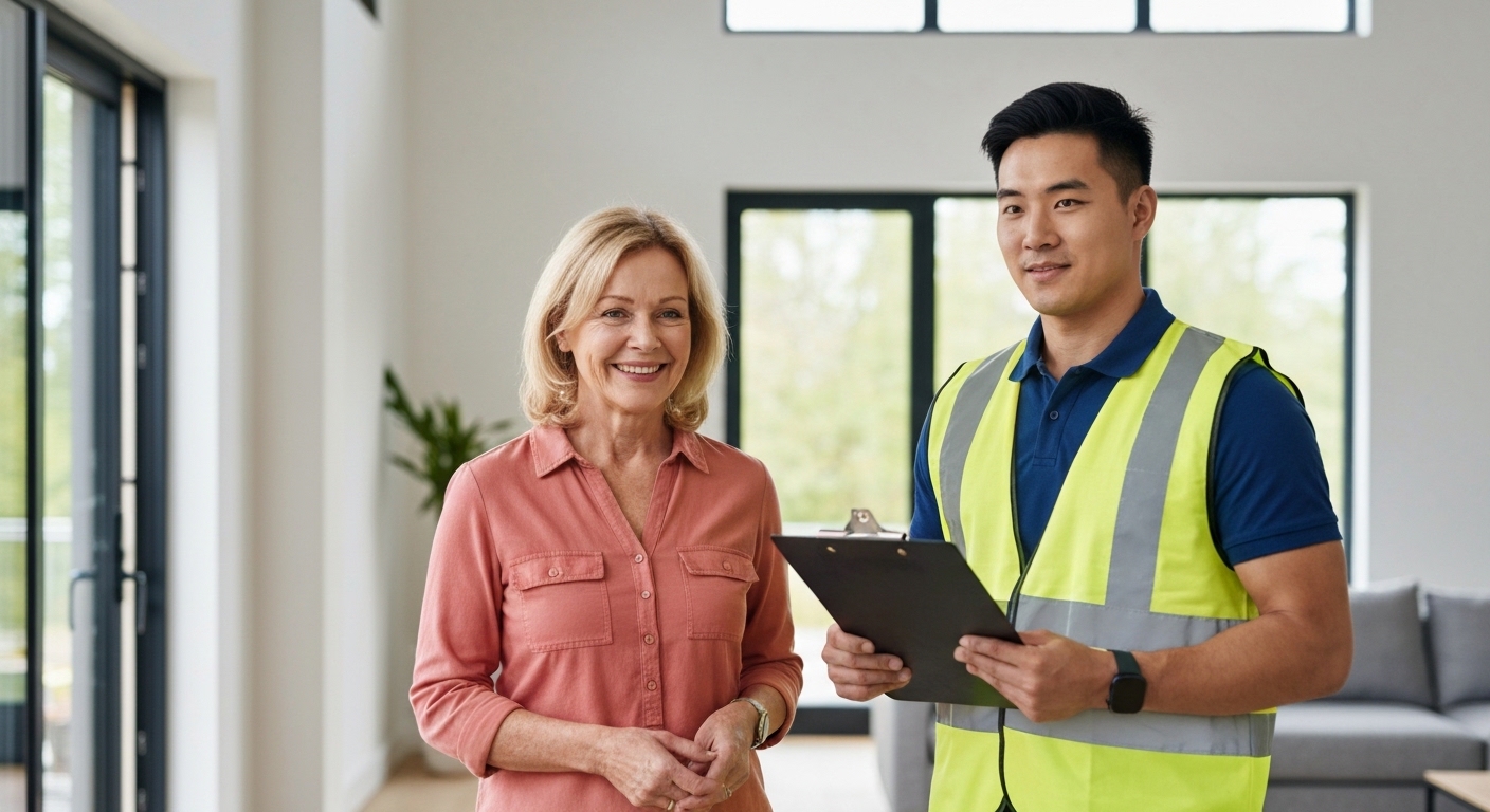 Homeowner holding a tool belt next to a professional contractor with a clipboard
