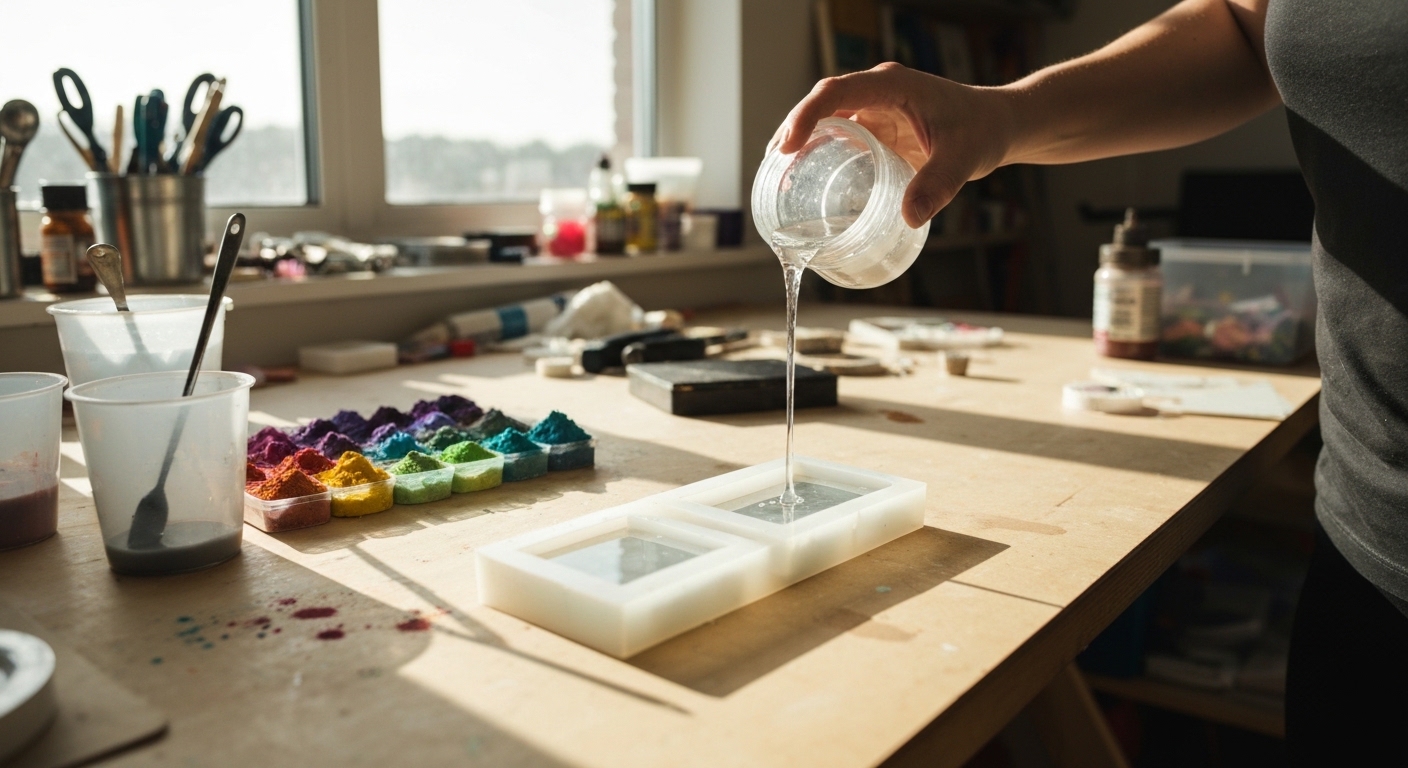 Clear epoxy resin being poured into a silicone mold on a craft table with mixing cups and pigments nearby