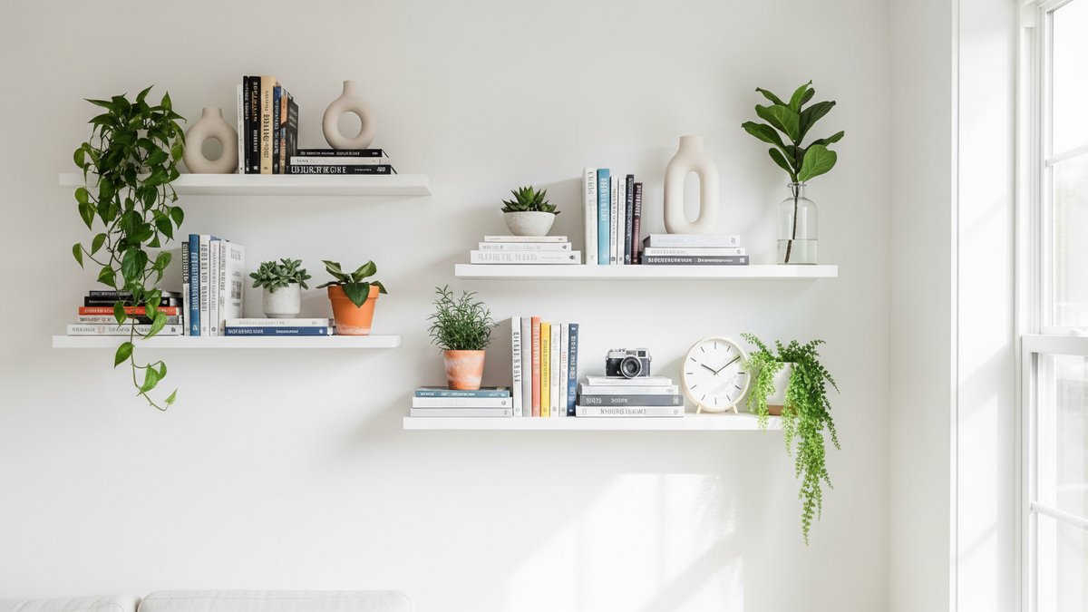 Three floating shelves mounted on a living room wall displaying books, plants, and decorative objects