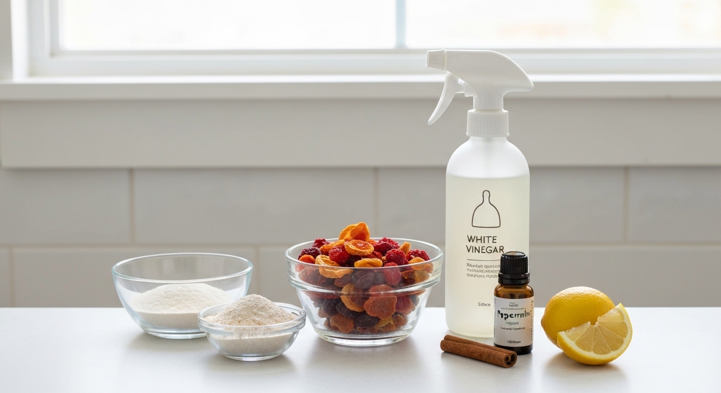 Una fila di formiche su un piano di cucina vicino a una finestra con prodotti deterrenti naturali nelle vicinanze