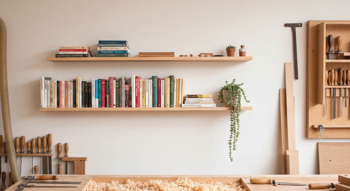 A clean, modern floating shelf mounted on a white wall displaying books and a small plant