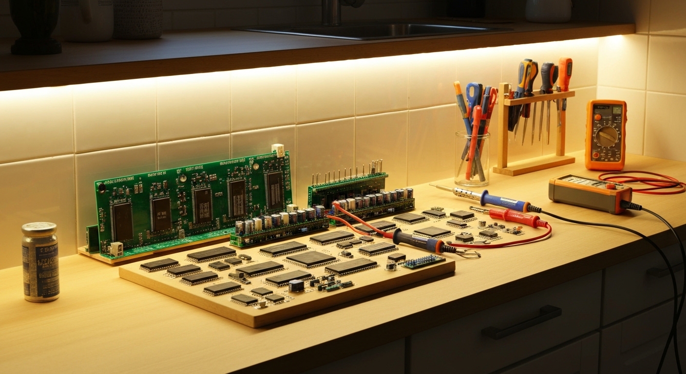 Warm white LED strip lighting installed under kitchen cabinets illuminating a countertop