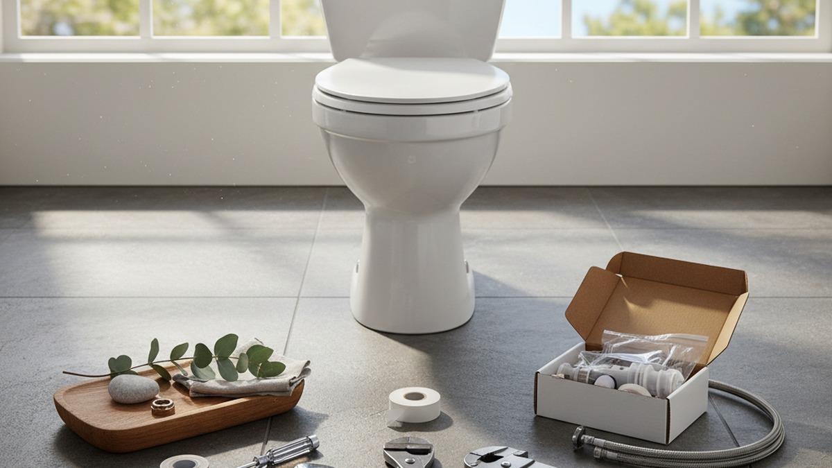 An open toilet tank showing the flapper and fill valve mechanism
