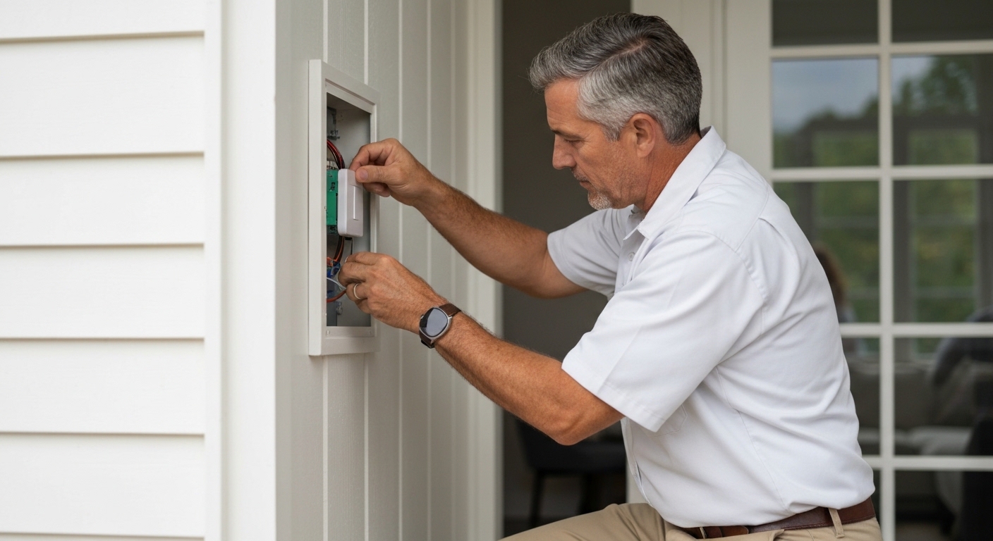 Ein Heimwerker installiert einen smarten Lichtschalter in eine Unterputzdose.
