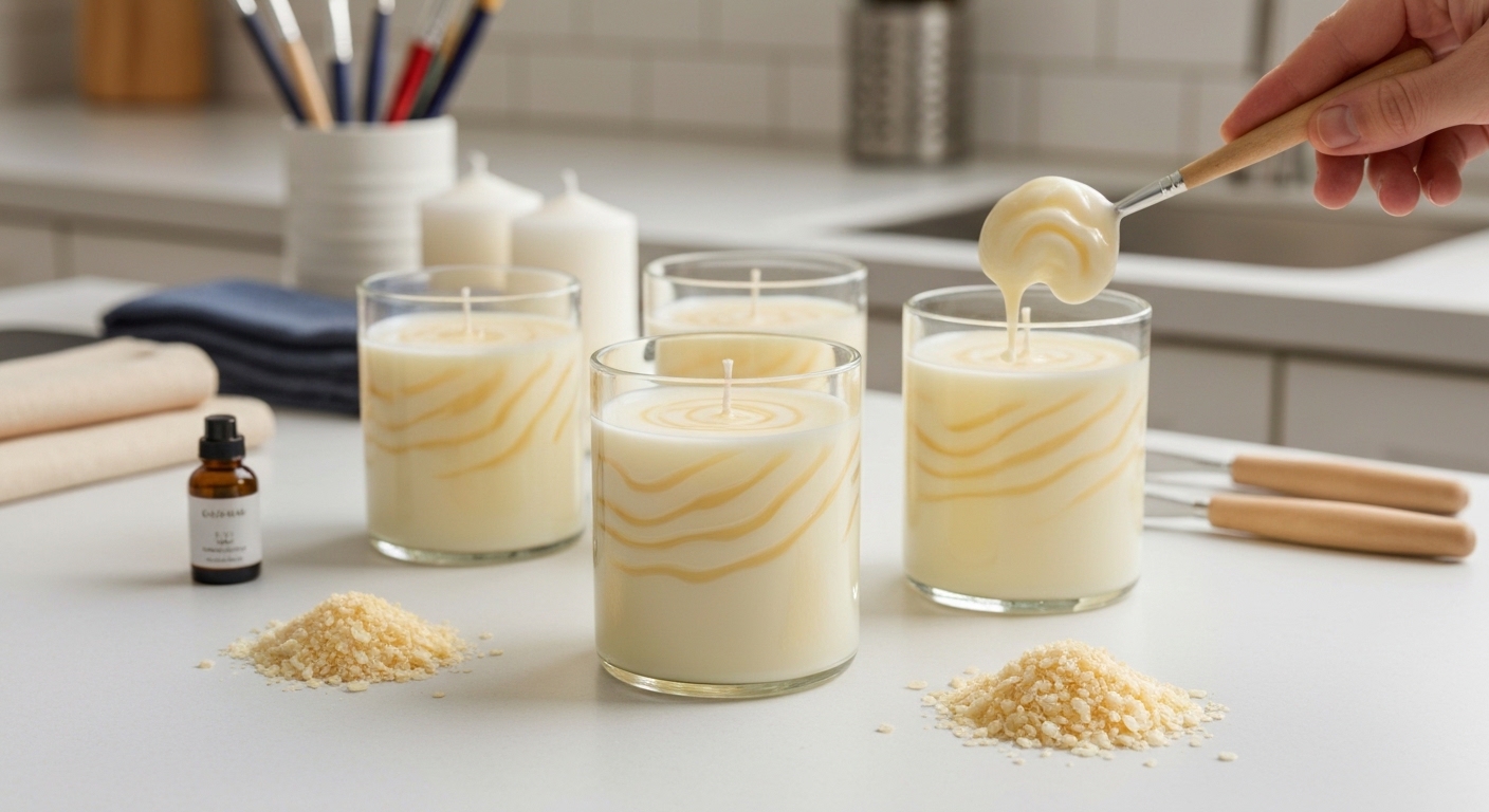 Freshly poured soy candles in glass jars cooling on a kitchen counter with wax flakes and fragrance oils nearby