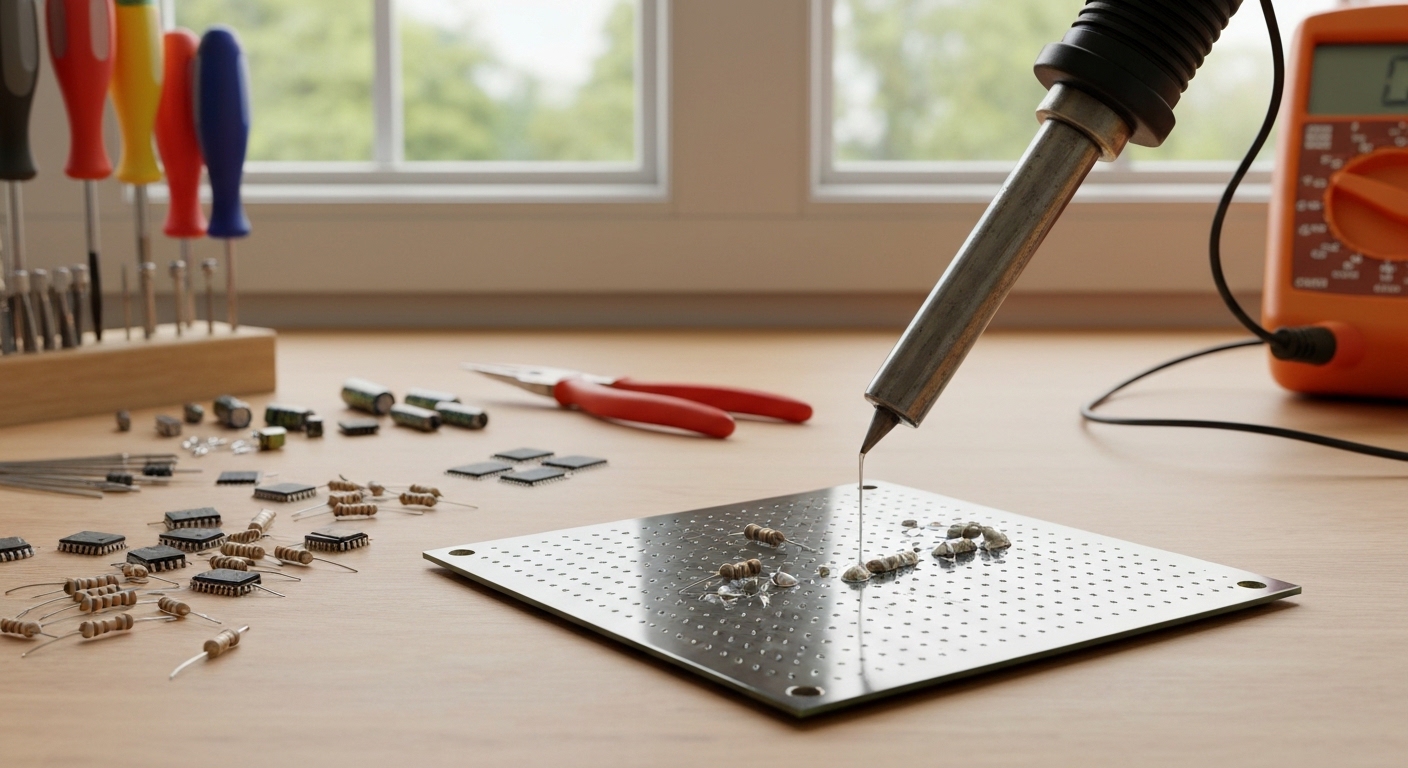 Gros plan sur un fer à souder réalisant une soudure propre sur un circuit imprimé (PCB) traversant avec de la soudure à âme décapante (rosin-core).