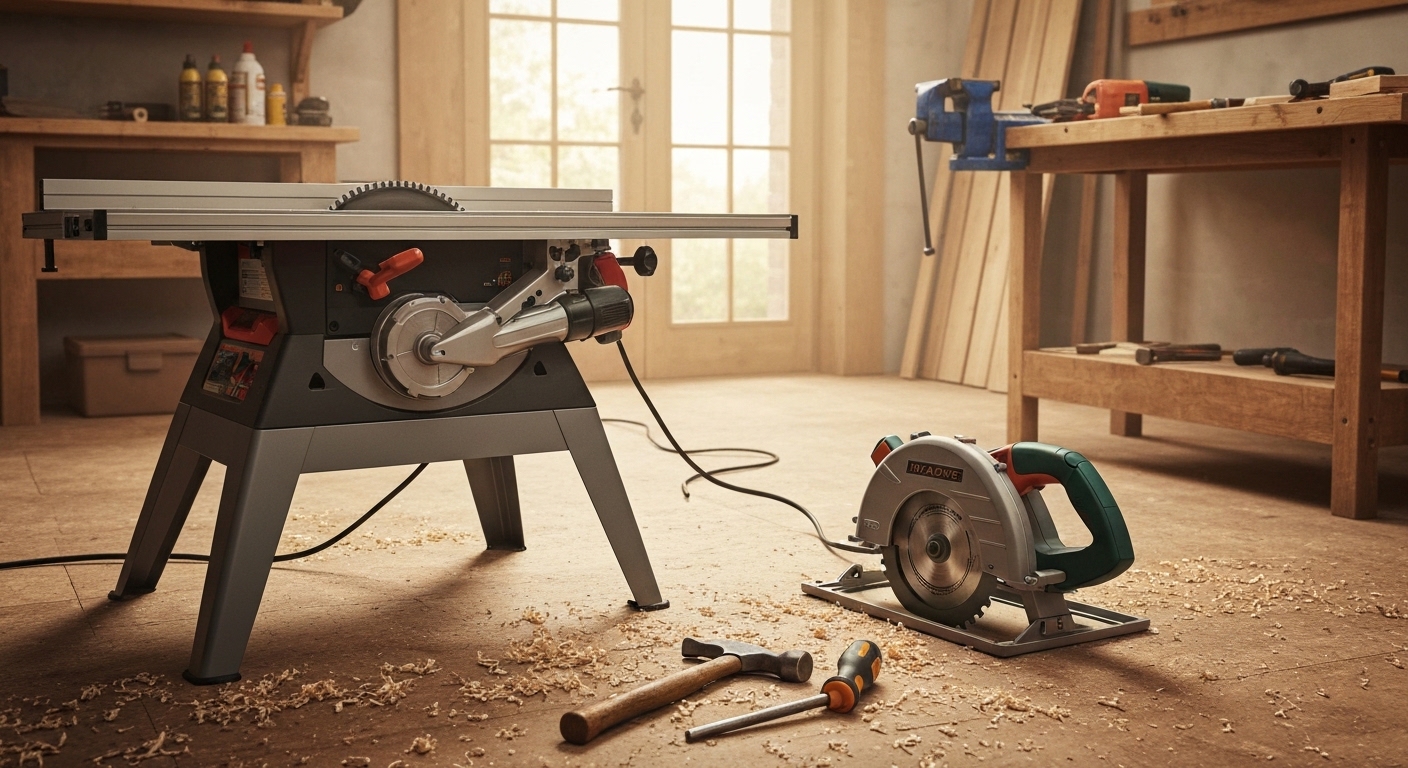 Side-by-side comparison of a table saw and circular saw on a workshop floor