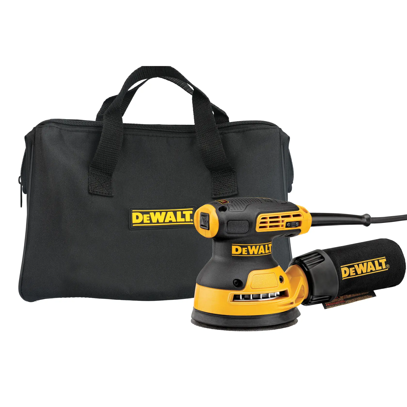 Manufacturer photograph of the DeWalt DWE6423K corded sander kit, showing the sander, dust bag and carrying bag