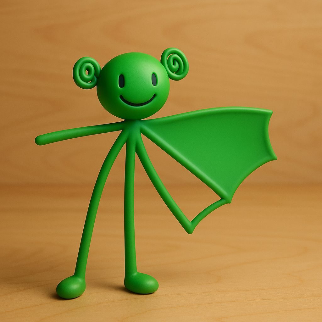 Figura gallery interpretation of the green drawing, showing a smiling face, curled side details and a broad wing