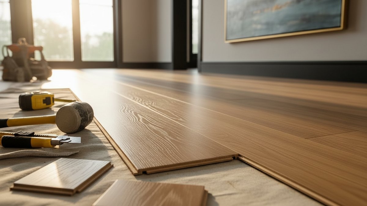 Close-up of luxury vinyl plank flooring with a realistic wood-grain texture in a modern living room